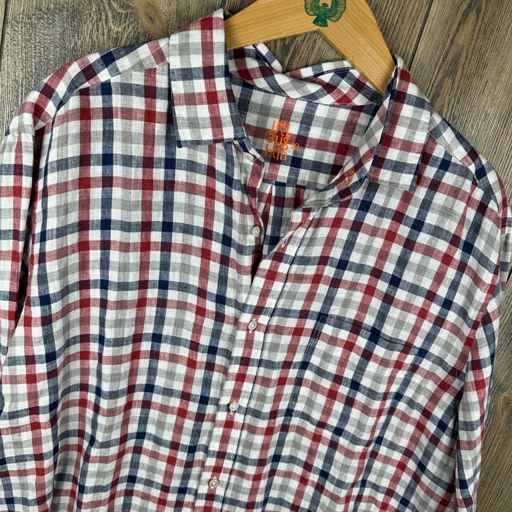 J McLaughlin 100% Linen Long Sleeve Button Down Plaid Shirt Mens XL Red Blue